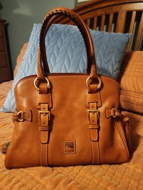 Dooney & Bourke Cognac Leather Satchel with Buckle Accents